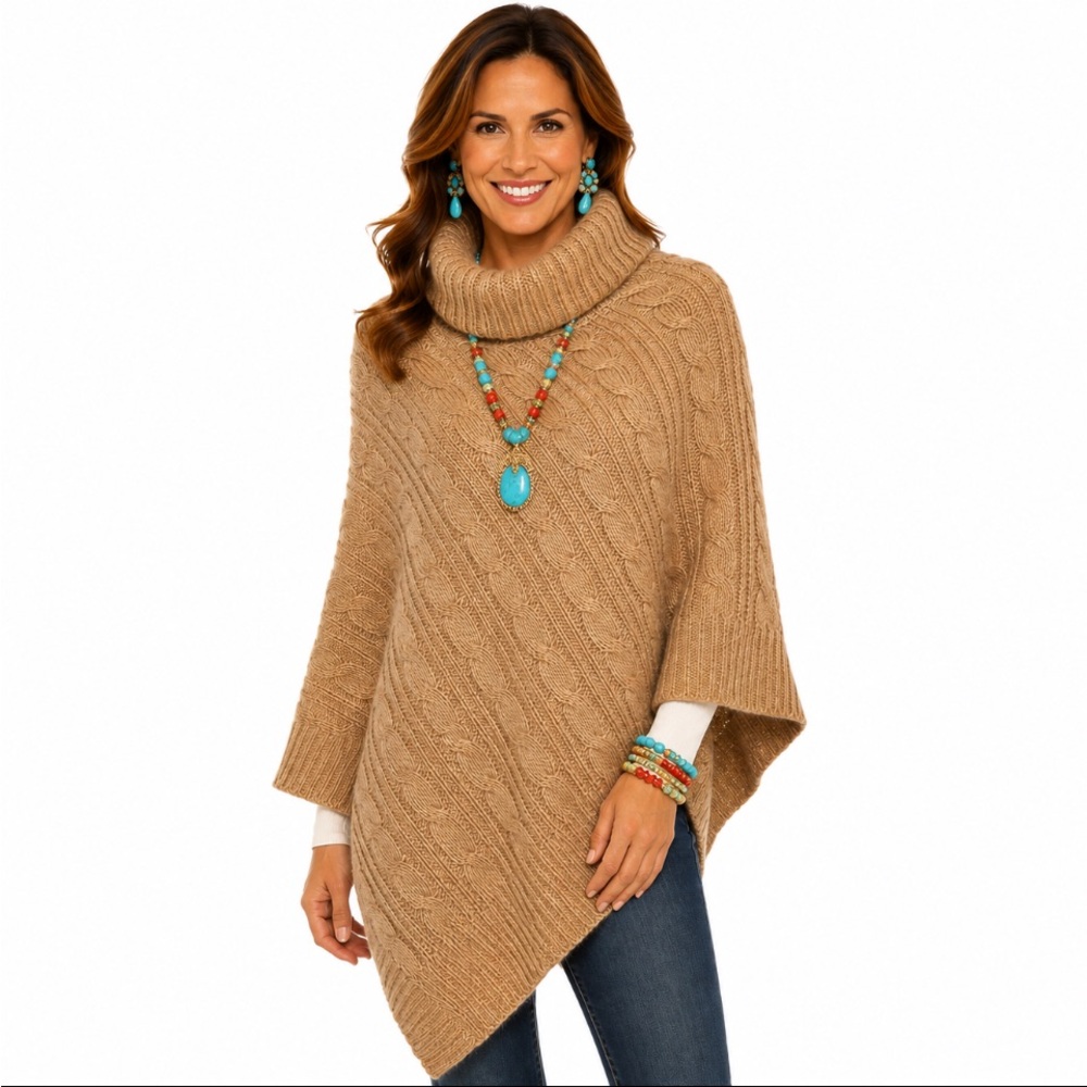 Camel Cable Knit Turtleneck Cape/Poncho Sweater Cozy Asymmetrical Size OSFM